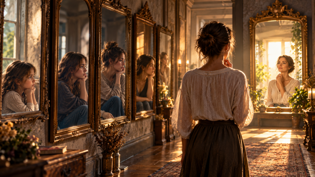 Femme observant différents reflets symbolisant les schémas répétitifs au cours de la vie